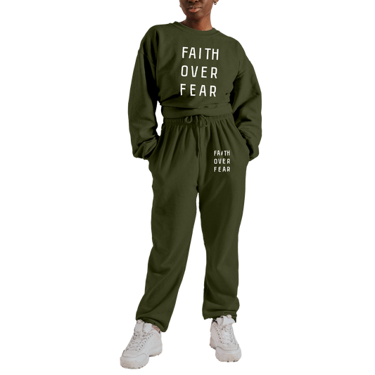 Two Piece Sweatsuits Set - Faith Over Fear Army Green